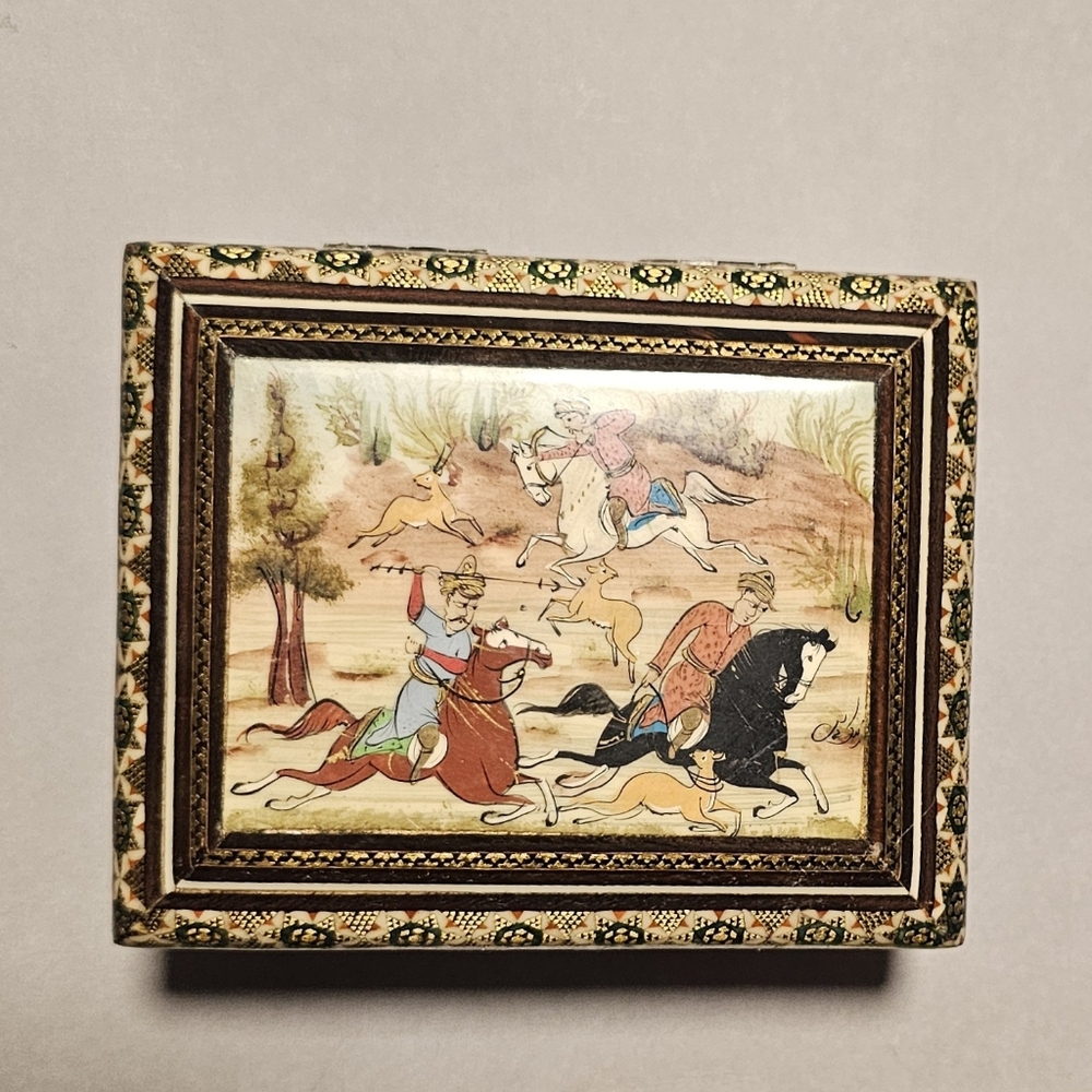 Vintage Khatam Box with Beautiful Inlay Proper Persian Hunt Scene